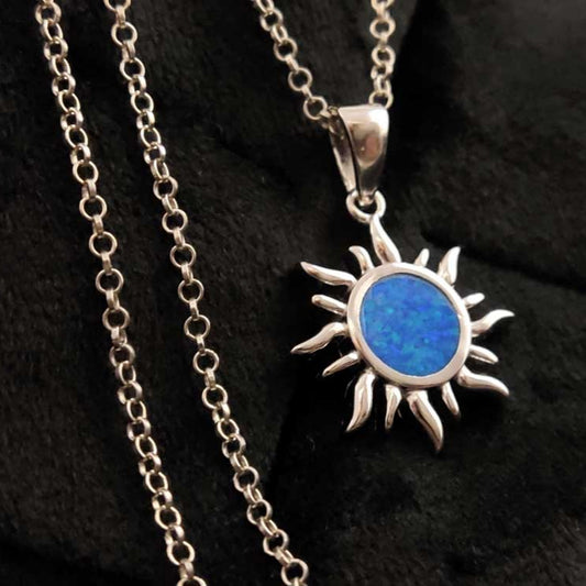 Close-up view of the Sterling Silver Sun Pendant with Blue Opal.
