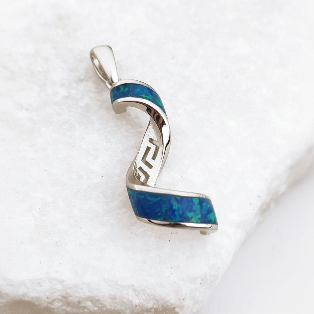 Blue opal curly pendant in sterling silver, made in Greece