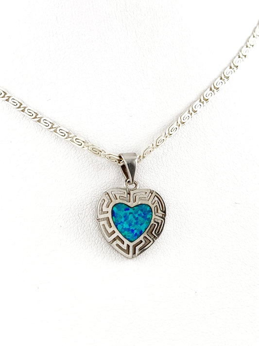 Greek Key heart shape silver pendant with blue opal stone and optional silver chain.