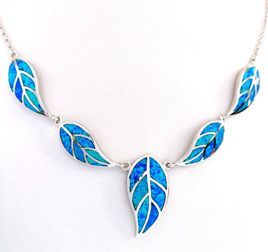 "Sterling Silver 925 Blue Opal Leaf Necklace with Adjustable Chain"

