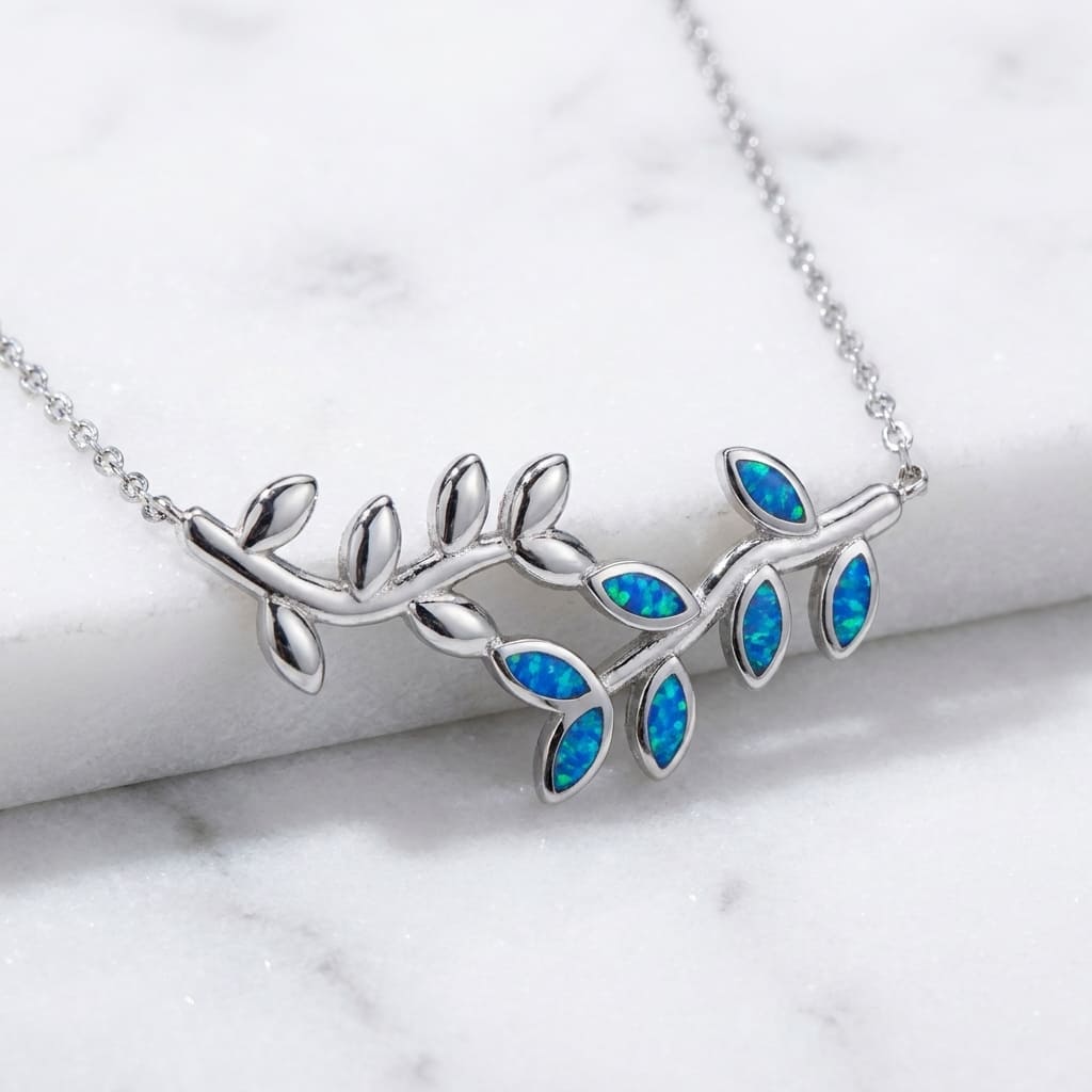 Sterling Silver 925 blue opal olive leaves necklace handmade in Greece