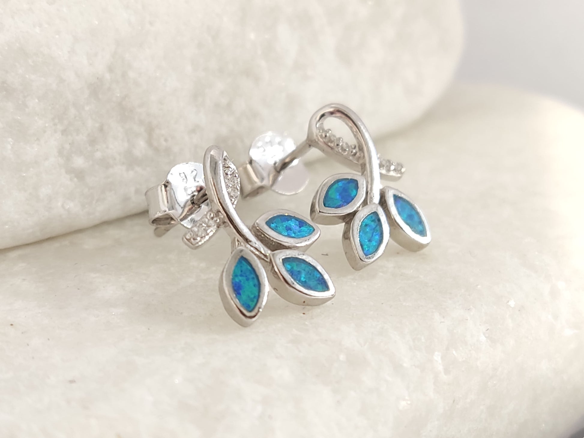 Blue opal stone shimmer in silver leaf design earrings