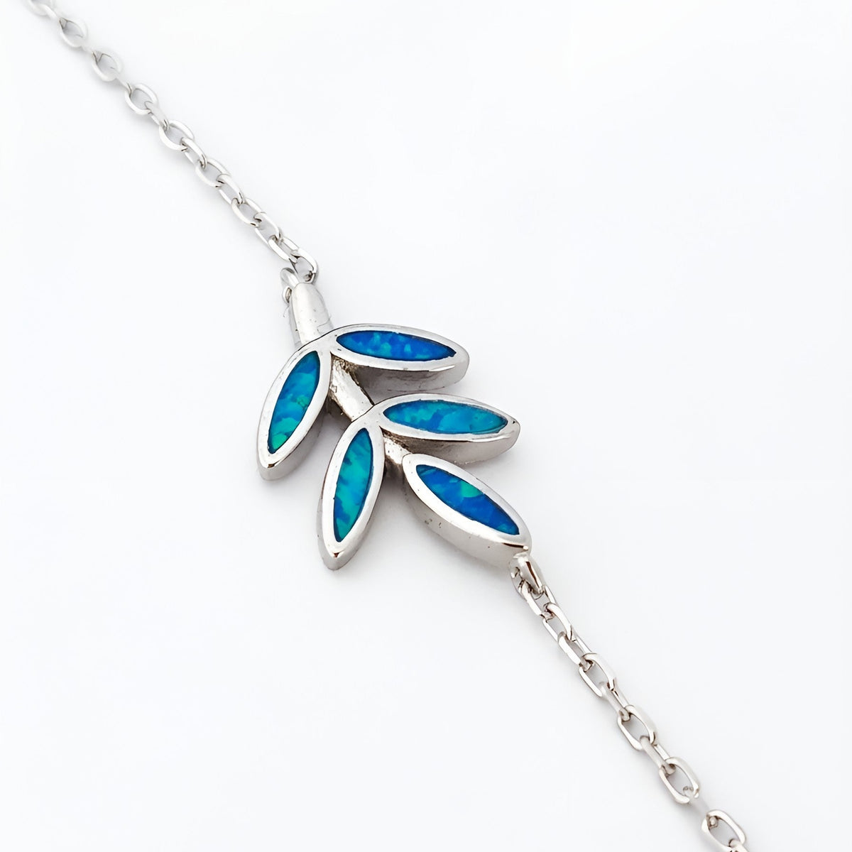925 silver bracelet with five blue opal leaves