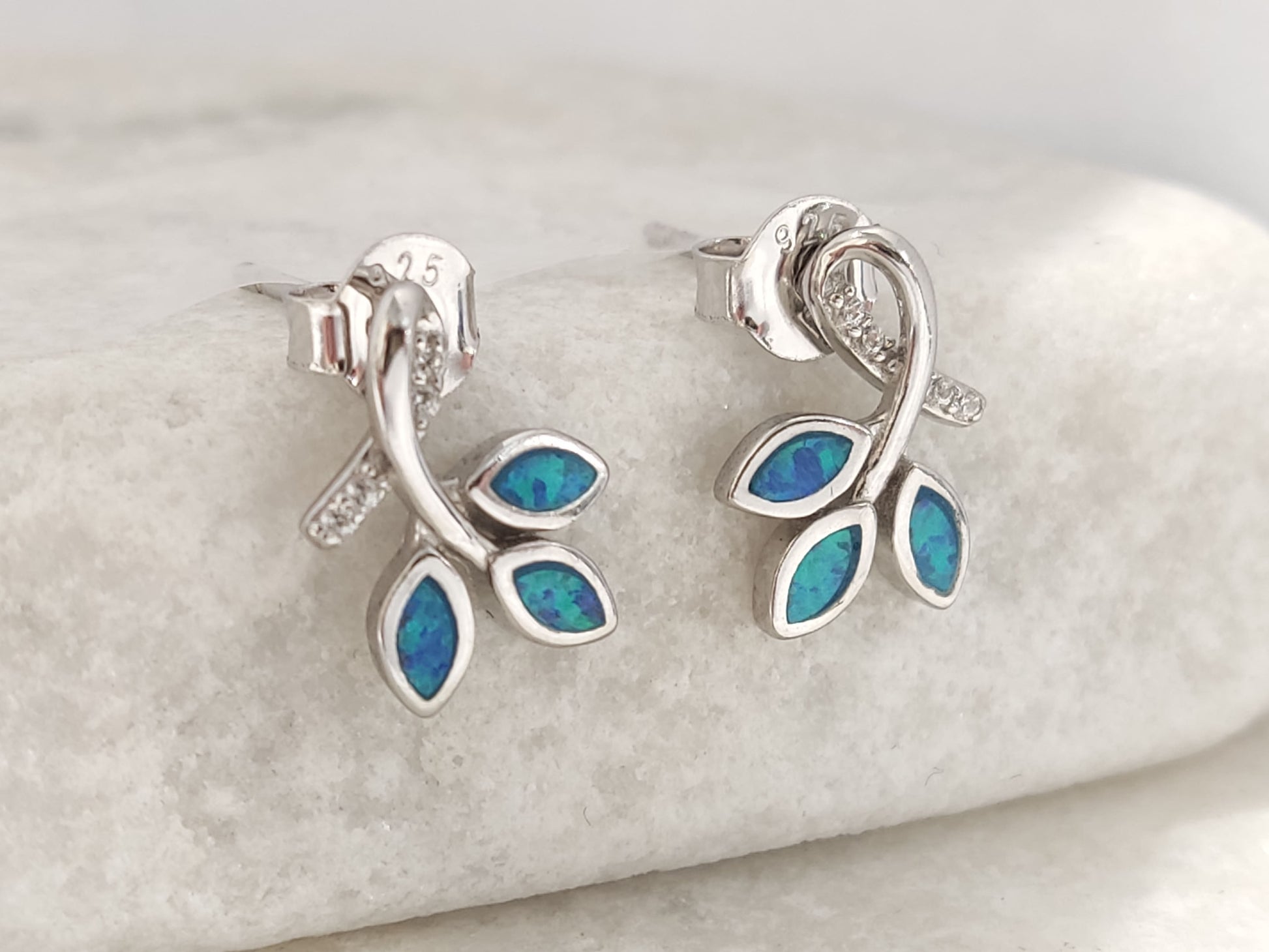 Sterling silver 925 Greek leaves stud earrings blue opal close view