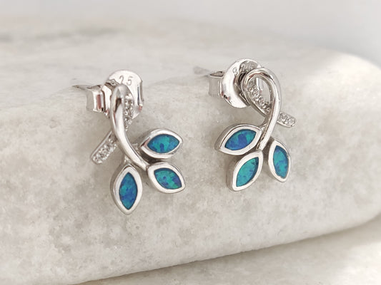 Sterling silver 925 Greek leaves stud earrings blue opal close view