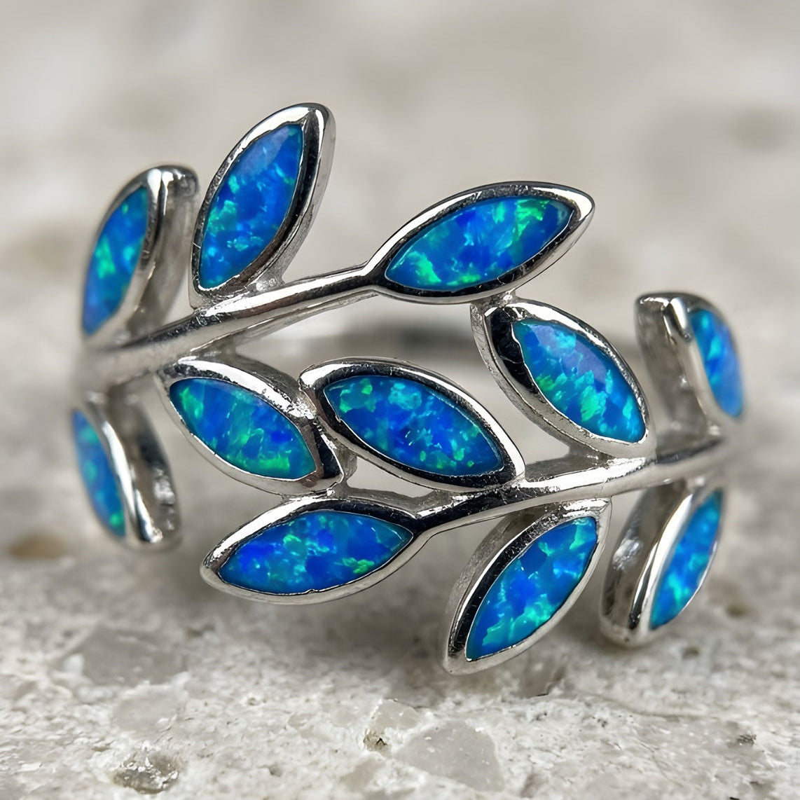 Greek olive leaves blue opal ring