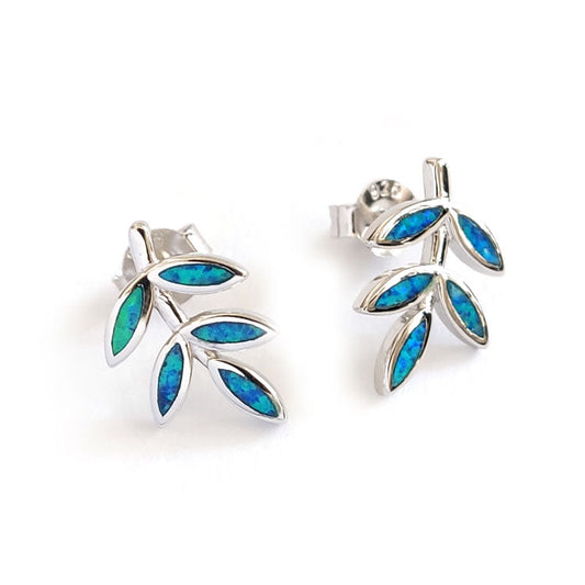 Sterling silver 925 stud earrings with blue opal 5-leaf design, made in Greece