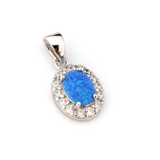 Sterling Silver 925 oval blue opal pendant with cubic zirconia, handmade in Greece