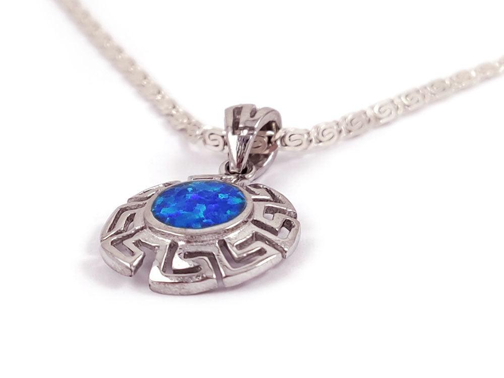 Greek key infinity design pendant with silver chain, showcasing hallmark 925 for authenticity.
