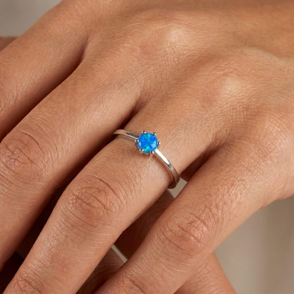 Fine 925 silver ring with opal gemstone on finger