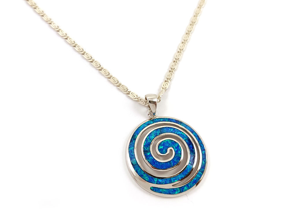 Greek Spiral Blue Opal Chain Pendant Necklace 25mm