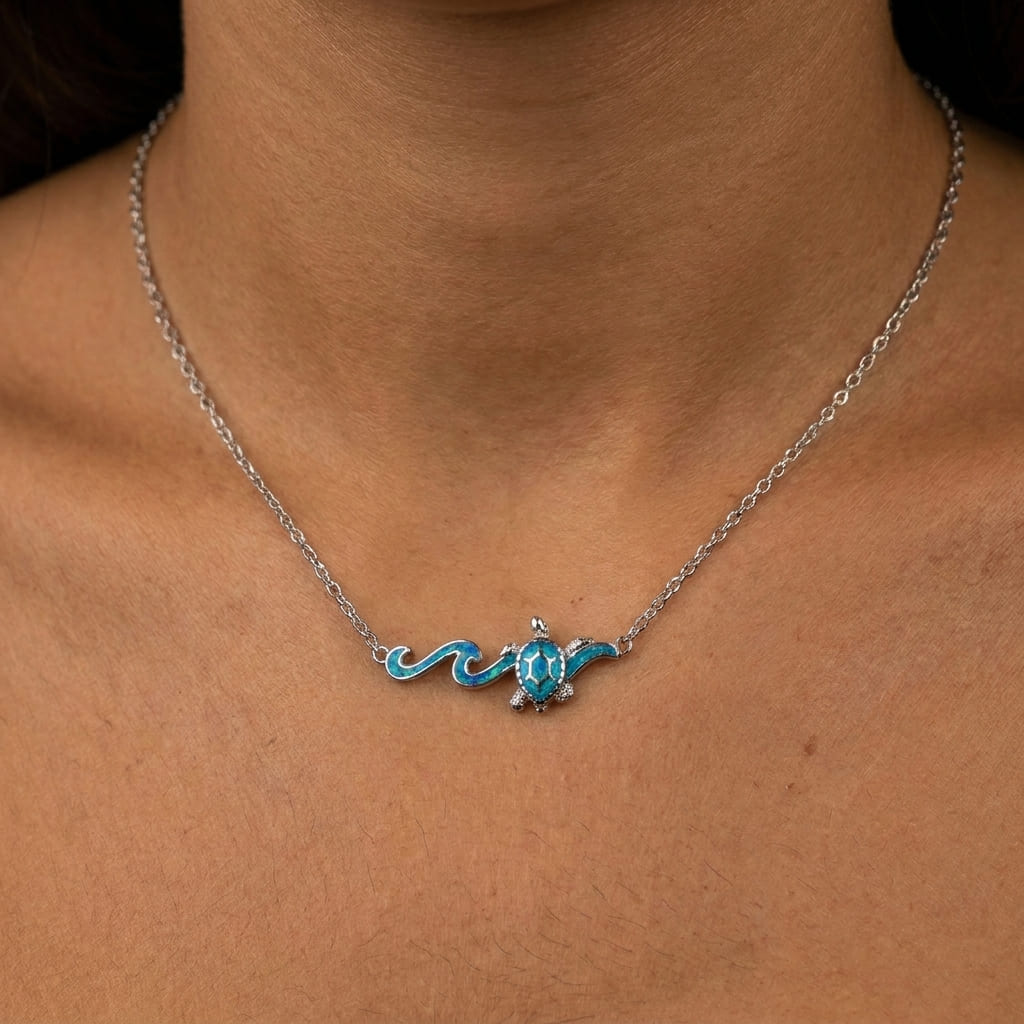 Handmade Greek sea turtle necklace with blue opal stones