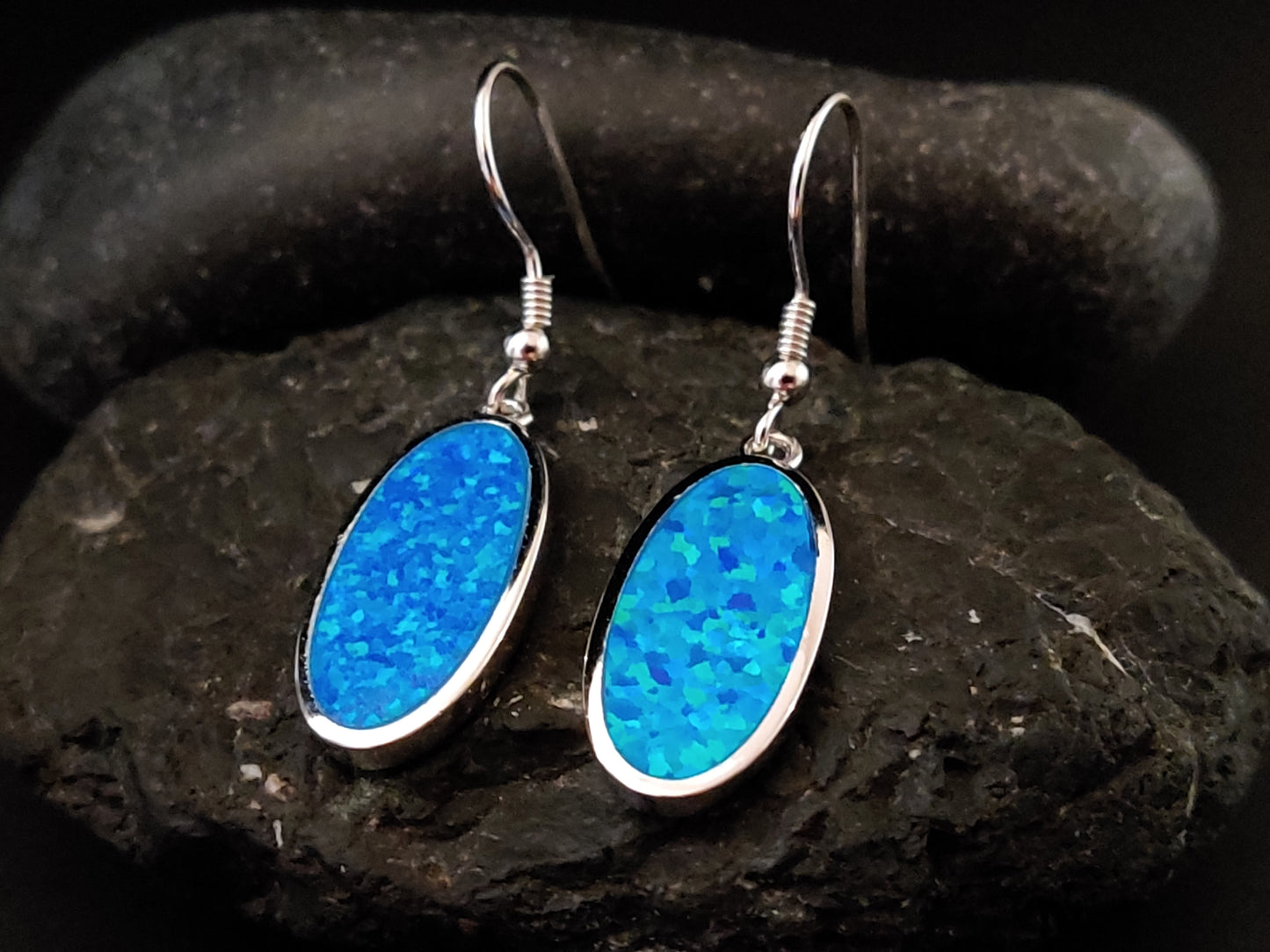 Blue Opal Oval Silver Dangle Greek Earrings 19x10mm