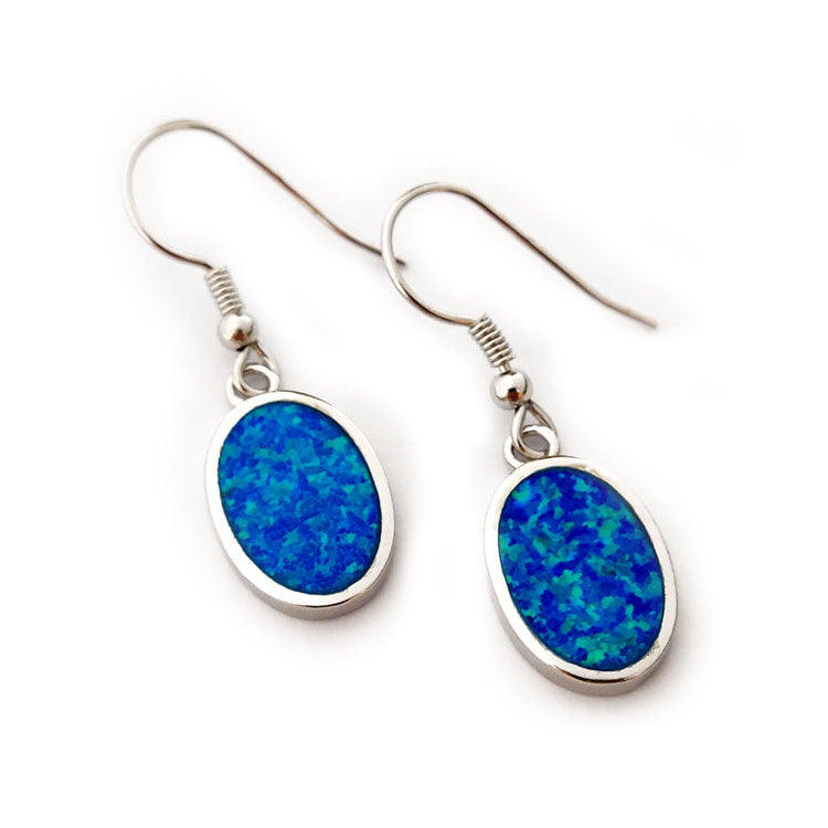 Sterling silver 925 and blue opal oval stones dangle earrings.