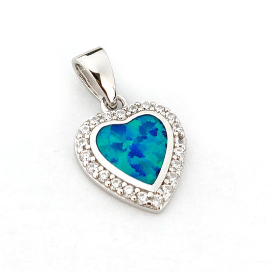 Sterling Silver 925 blue opal heart pendant with cubic zirconia, handmade in Greece