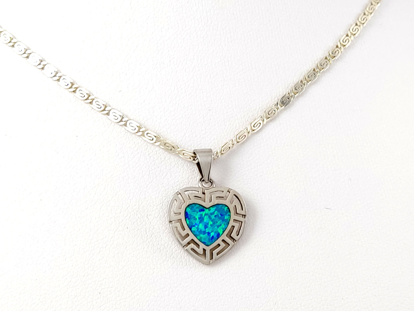 Griechischer Schlüssel-Halskette mit blauem Opal und Herzanhänger aus Silber, 15 mm 