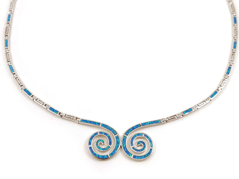 Greek Double Spiral Blue Opal Silver Necklace