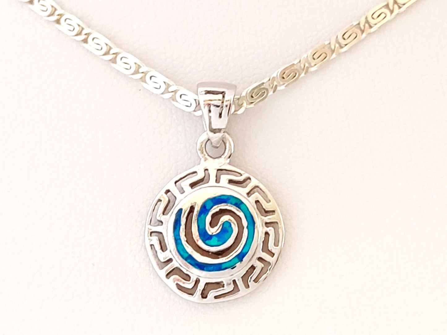 Sterling Silver 925 Blue Opal Greek Infinity Pendant and Chain - Greek Silver Jewelry