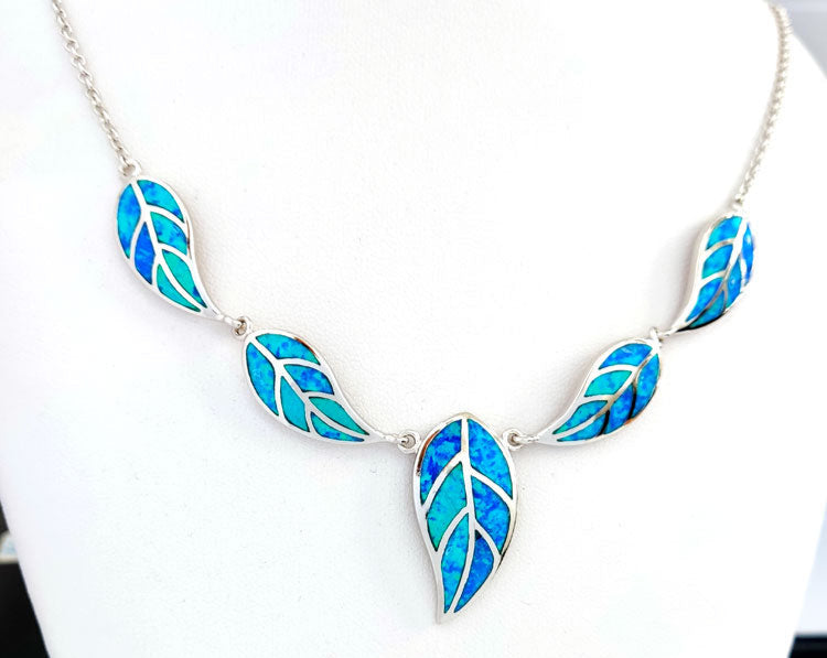 "Elegant Handmade Leaf Necklace with Hallmarked 925 Silver and Blue Opal"

