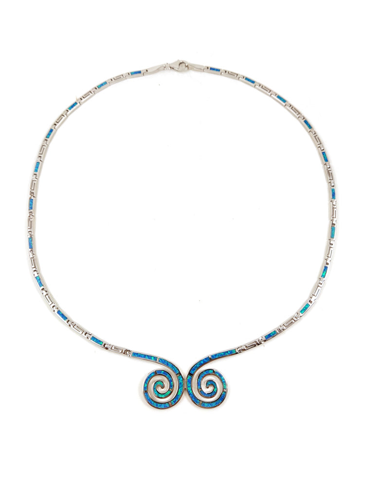 Greek Double Spiral Blue Opal Silver Necklace