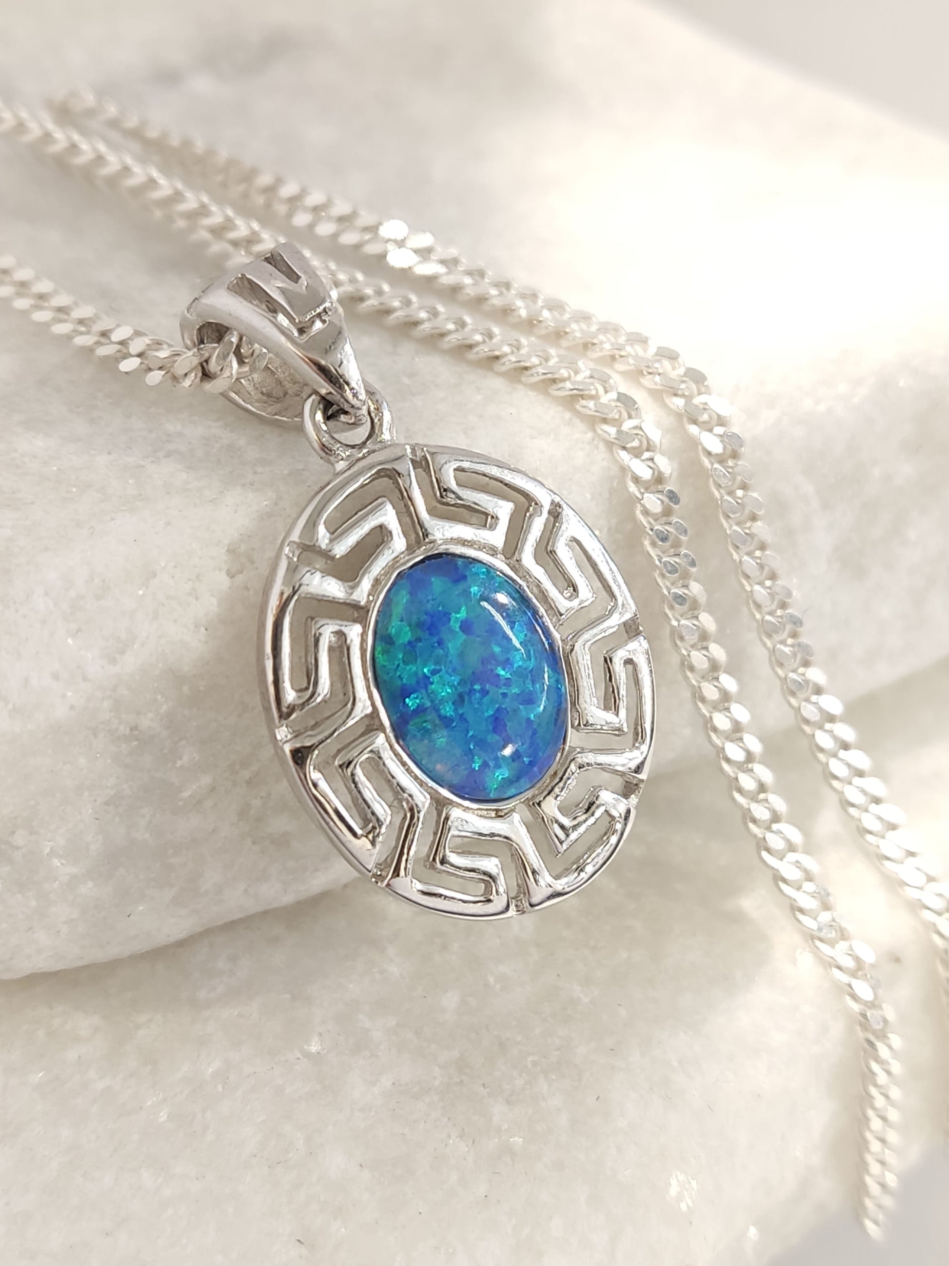 Sterling Silver 925 Greek Key Meander pendant with blue opal stone