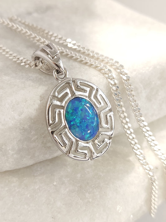 Sterling Silver 925 Greek Key Meander pendant with blue opal stone