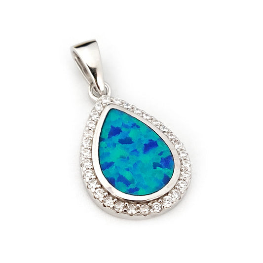 Sterling Silver 925 blue opal drop pendant with cubic zirconia, handmade in Greece