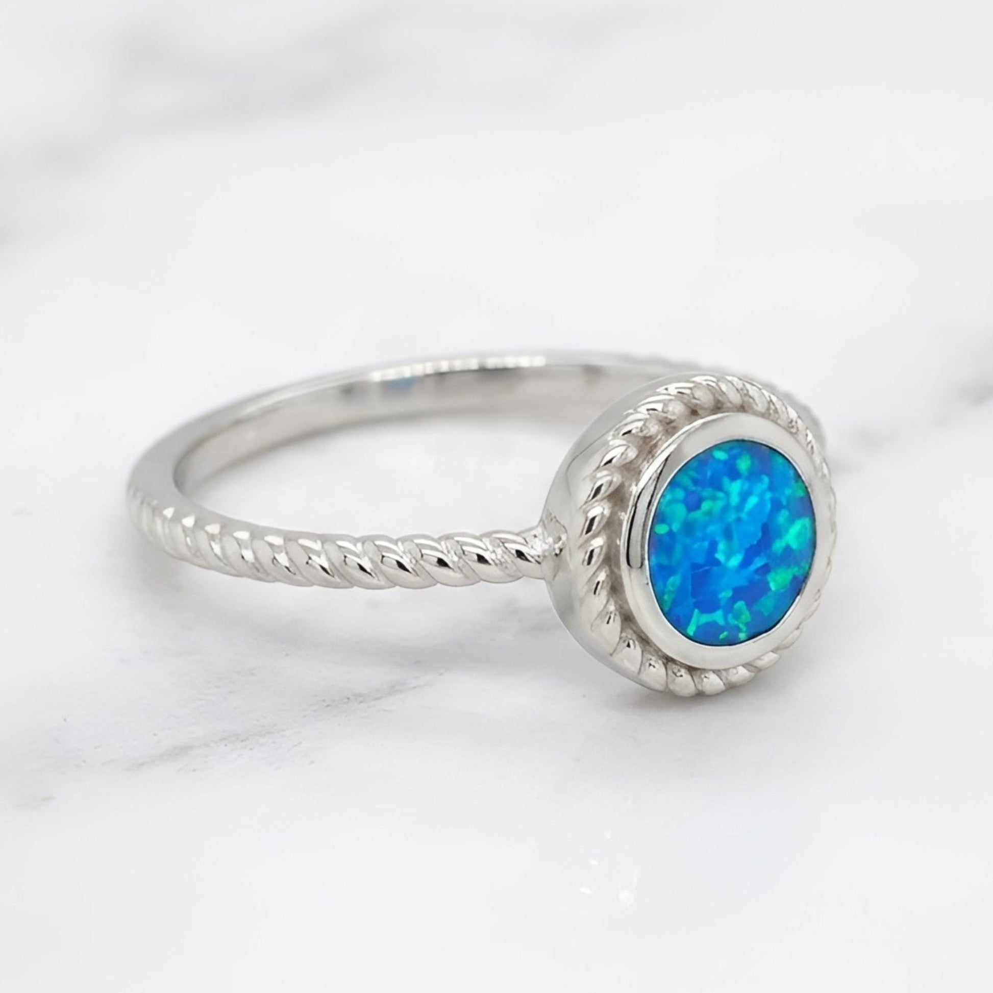 Sterling Silver 925 round blue opal ring