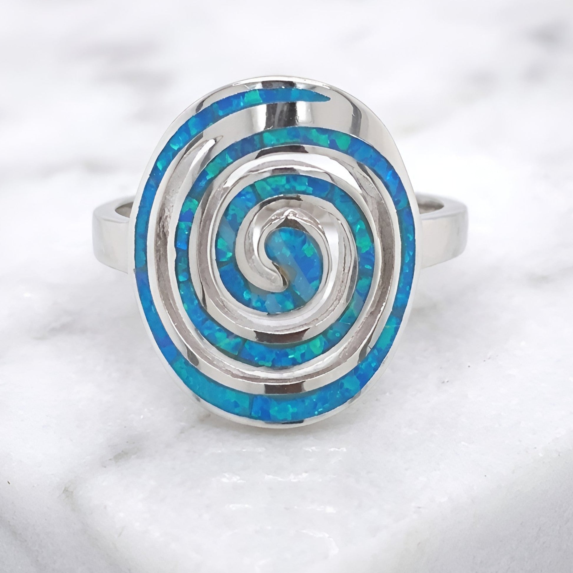 Sterling silver 925 blue opal Greek spiral ring