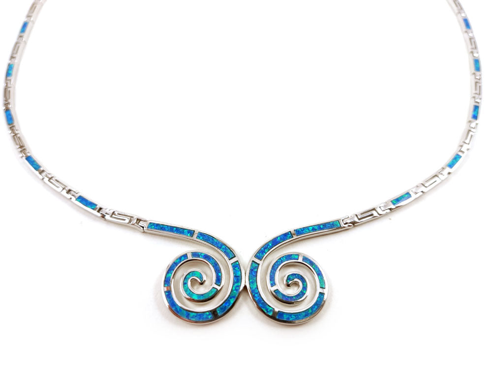 Greek Double Spiral Blue Opal Silver Necklace