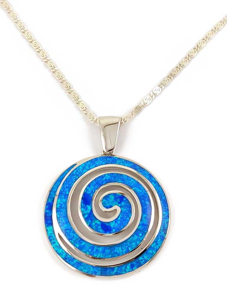 Greek Spiral Blue Opal Chain Pendant Necklace 35mm