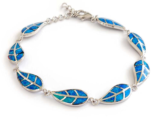 Sterling silver 925 blue opal leaf bracelet on white background

