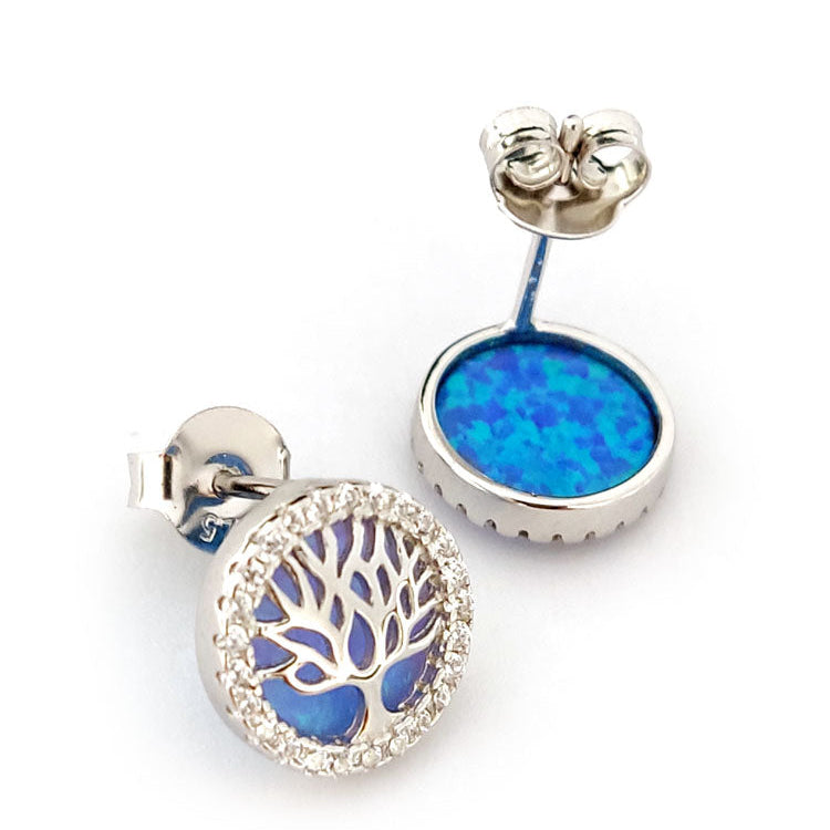 Pair of silver earrings with blue opalite stones on a white background