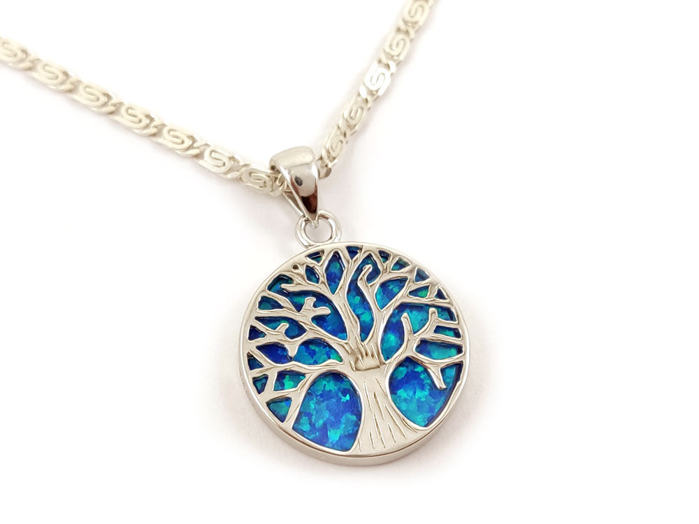 Tree Of Life Blue Opal Chain Pendant Necklace 18mm