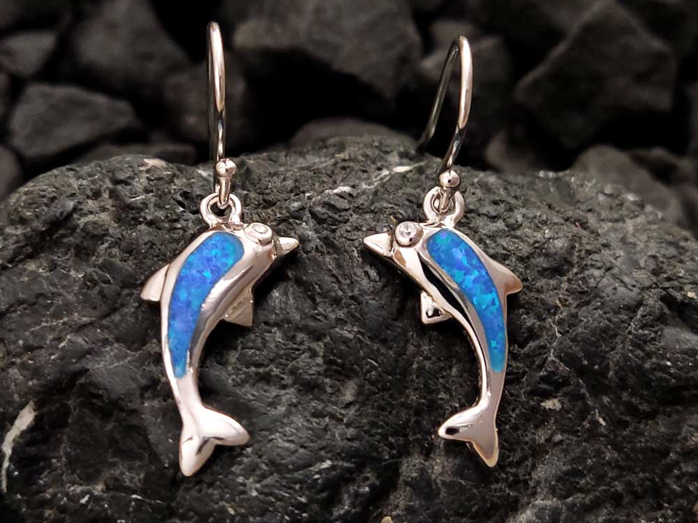Blue Opal Greek Dolphins Dangle Silver Earrings