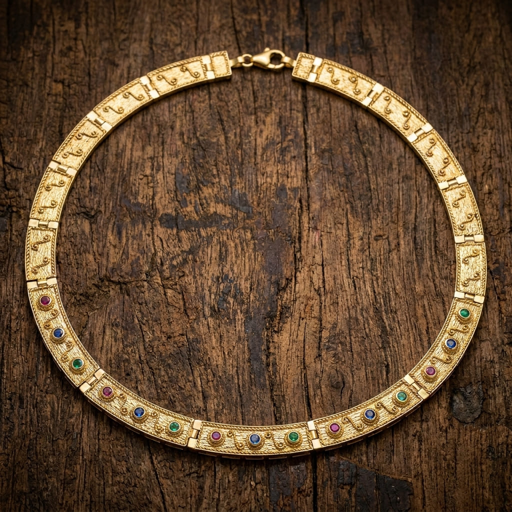 Sterling Silver 925 Byzantine Style Gold Plated Necklace with Colorful Cubic Zirconia
