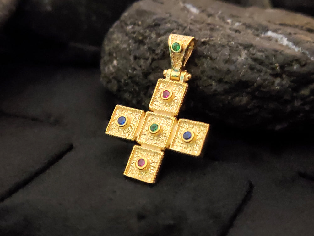 "18x18 mm gold-plated sterling silver Greek cross, Byzantine design, handmade in Greece."
