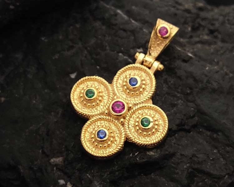 Byzantine Cross pendant in Sterling Silver 925 with gold plating and multicolor cubic zirconia stones, handcrafted in Greece.
