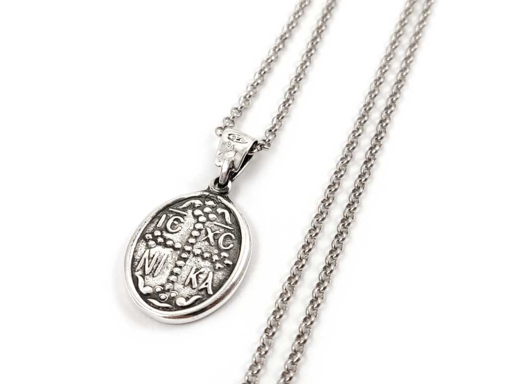 Sterling Silver 925 Konstantinato Pendant, 0.74 x 0.58 inches, featuring a 2 mm chain, crafted in Greece