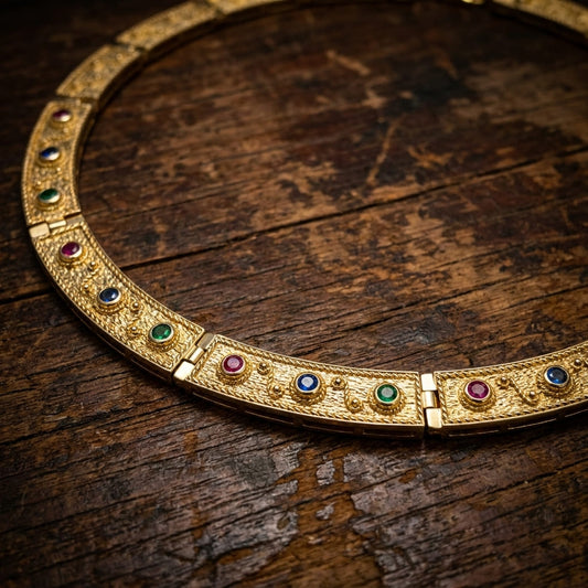 Greek byzantine silver necklace with premium quality gold plating and multicolor stones on dark brown aged wood.