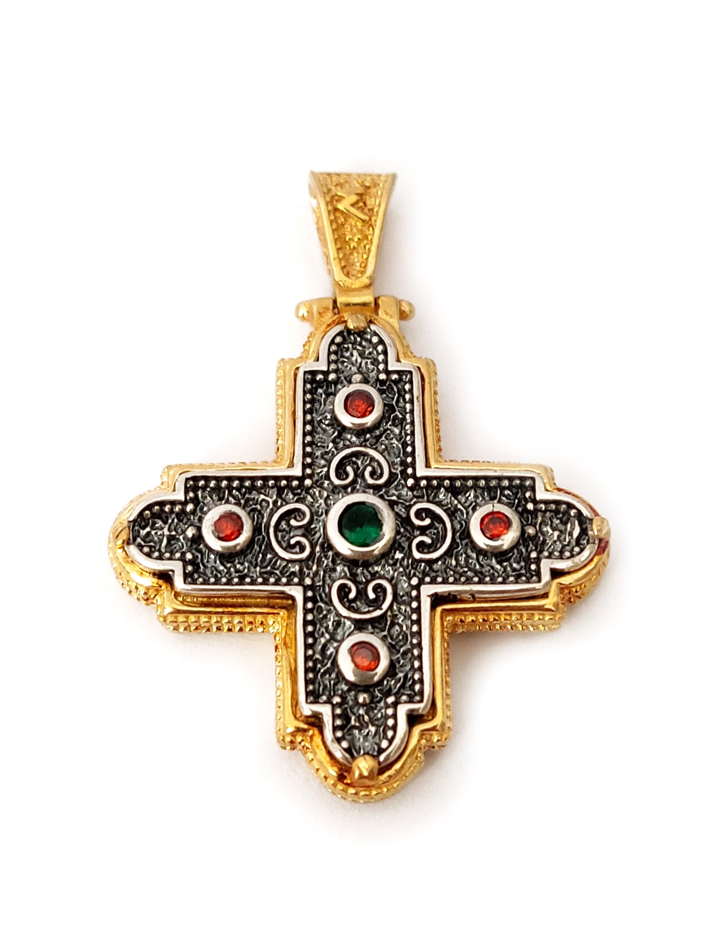 Griechisch-byzantinisches Silberkreuz, 30 x 30 mm, rot-grüne Kristalle