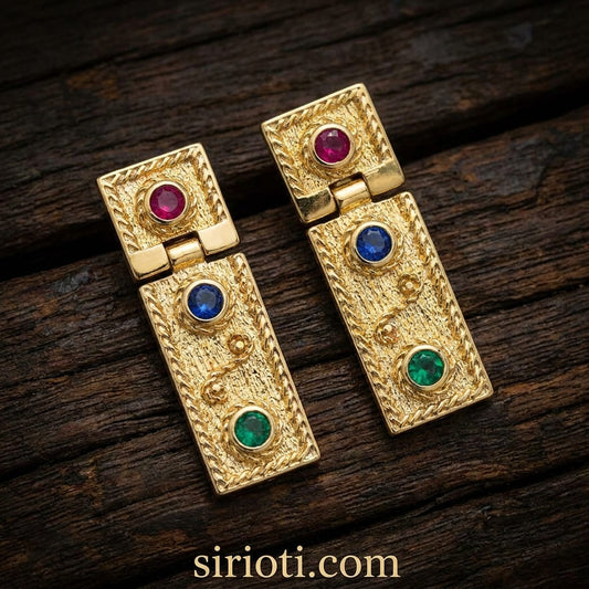 Elegant Byzantine inspired gold plated earrings with colorful cubic zirconia