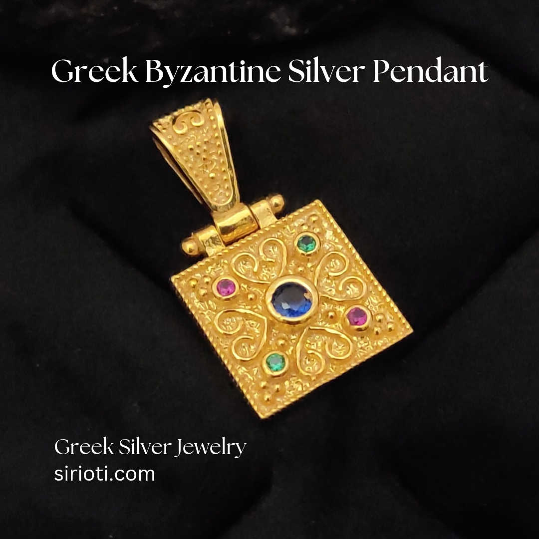 Handcrafted Greek Byzantine Jewelry Pendant – Sterling silver gold-plated pendant, highlighting its intricate details and cultural significance.

