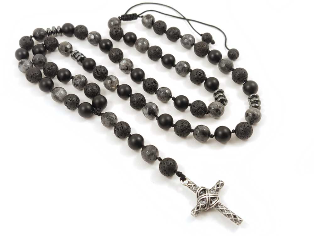 Close-up of Handcrafted Rosary Necklace featuring Black Lava Stones for Grounding Energies