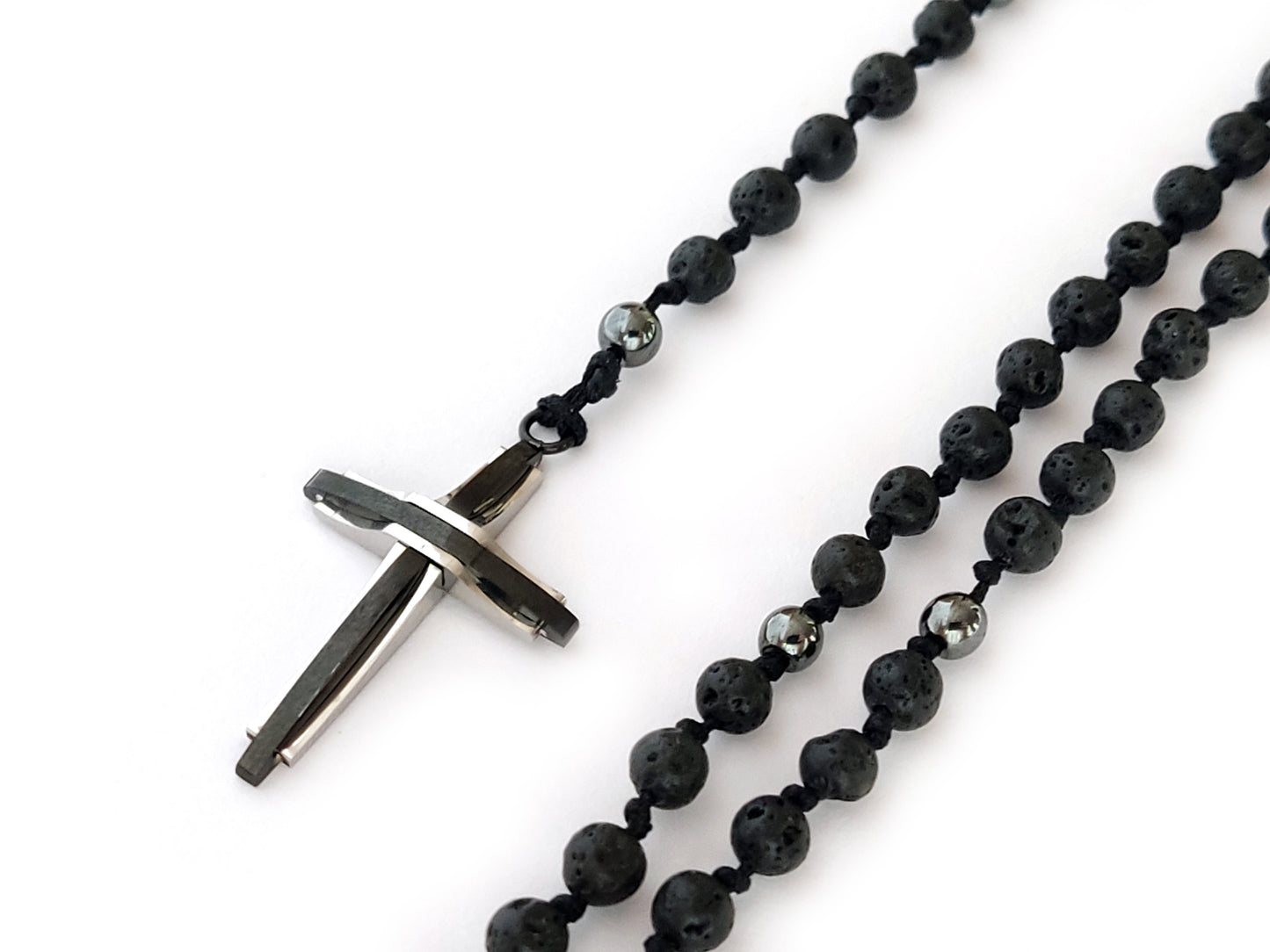 Handmade Rosary Necklace with Natural Black Lava and Hematite Stones | Stainless Steel Cross | Adjustable Length | Made in Greece