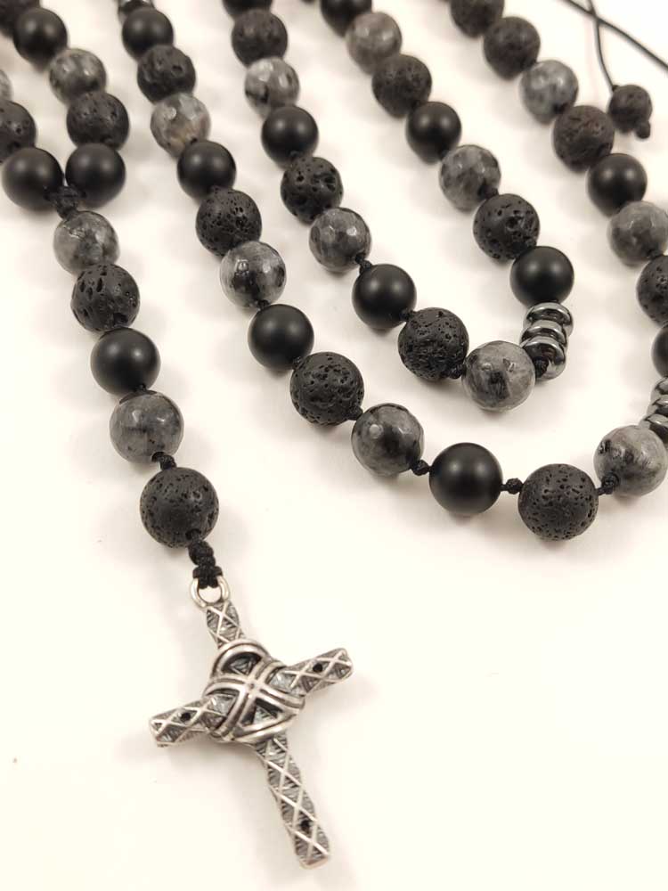 Detailed View of Sterling Silver Cross Pendant Adorning the Rosary Necklace