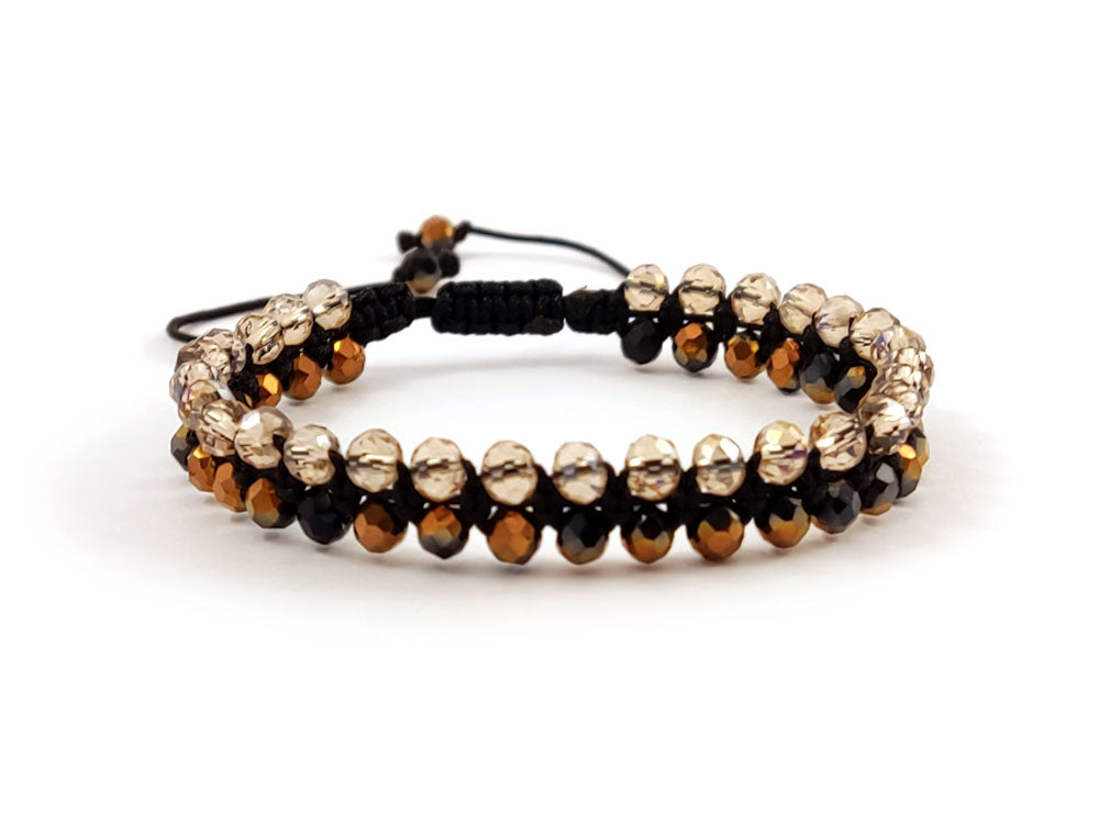 Adjustable macrame bracelet with bronze-black and beige crystals