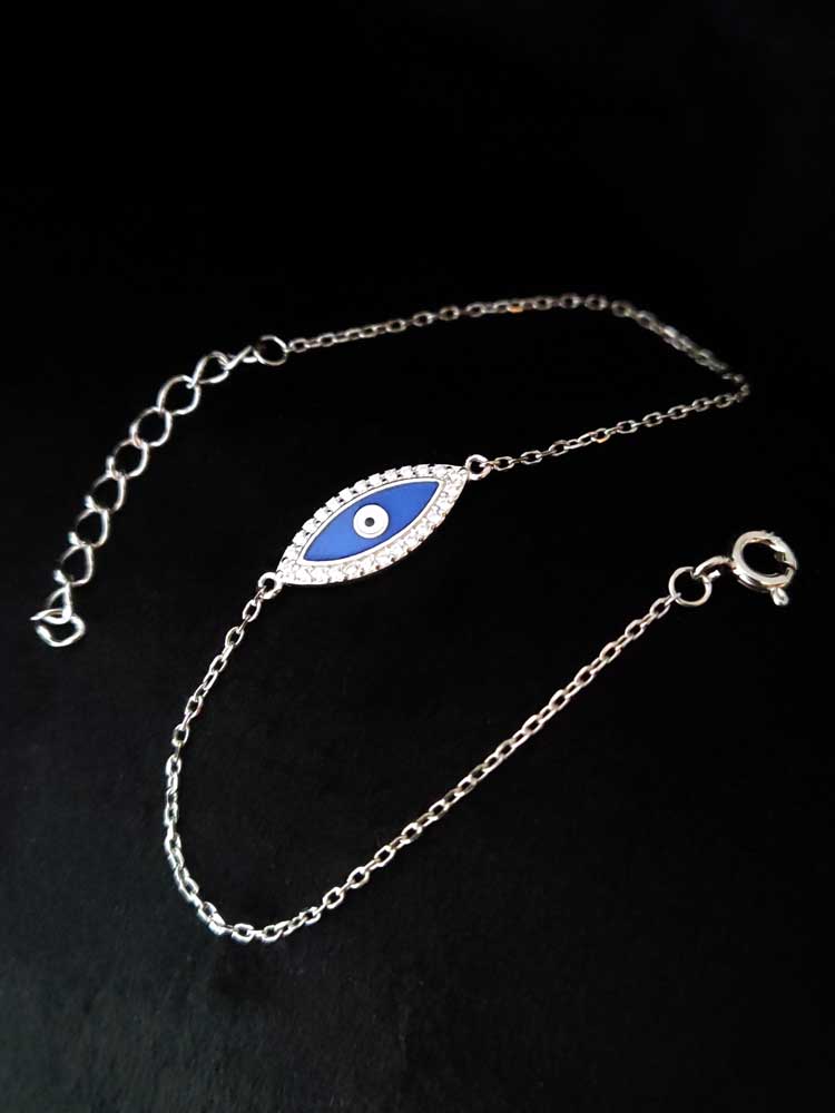 Elegant Greek Evil Eye Nazar Bracelet, Sterling Silver 925, Sparkling White Crystals, Mobile-Friendly Jewelry Shot