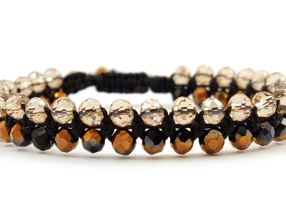 Handmade black cord double row Shamballa bracelet with beige crystals