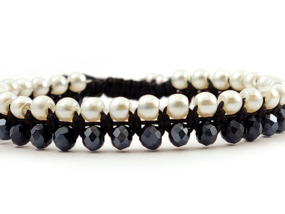 Black double row shamballa macrame bracelet with crystals and pearls